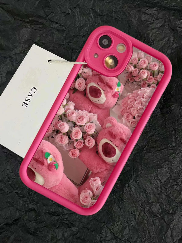Hot 3D Rose Bear Strawberry Teddy Flower Aesthetic Pattern Case - Pink